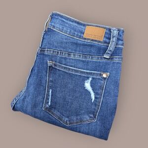 Judy Blue Jeans Size 7/28 Slim Fit Plaid Flip Cuff Distressed Blue Denim JB88358